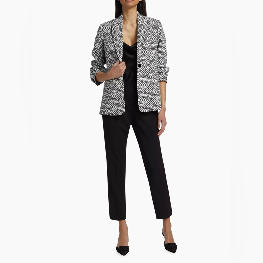 Elie Tahari Black & White Geometric Print 3/4 scrunched sleeve Blazer Size 8 - Picture 3 of 15